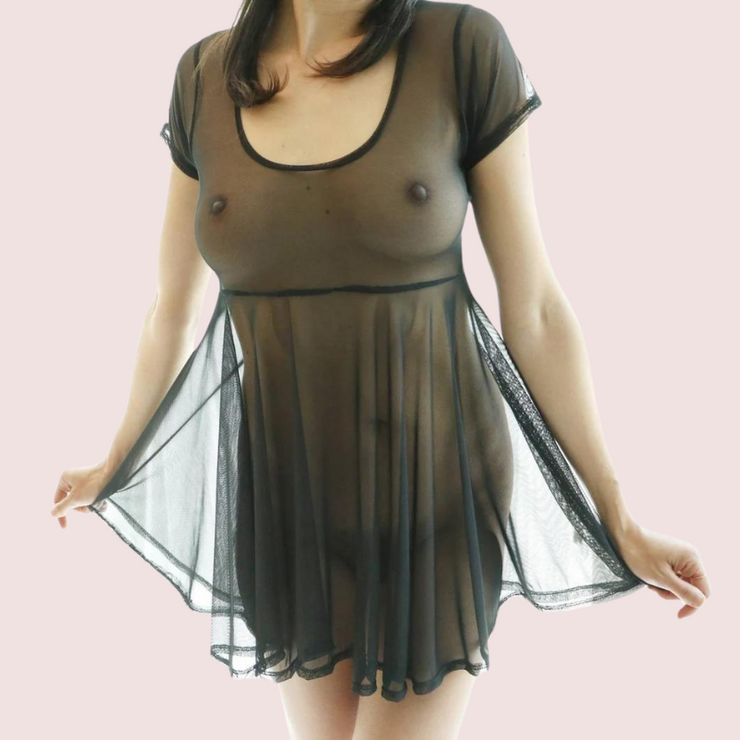 Plus Size Sexy Black Sheer Mesh Skater Dress